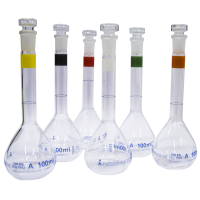 Volumetric flask w/ glass stopper blue printed 14/23 cl-A 100 ml white stripe