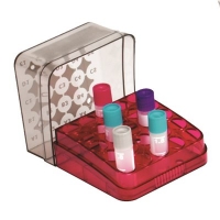 Storage box for cryogenic vials 2 ml at a temperature from -196 to +121 °C, 81 seats, chemically resistant, autoclavable, polycarbonate, red, 1 pc